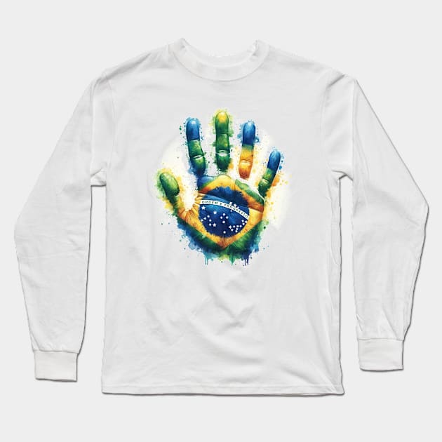 2024 Brazil Pride Hand Souvenir - Brazilian Water Color Art Long Sleeve T-Shirt by Sambastyles